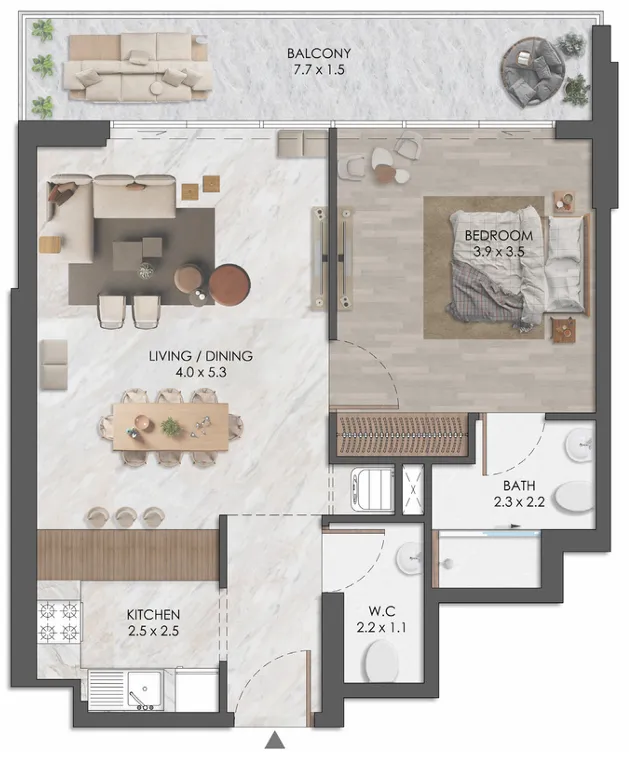 Almaara Residences 1 bed floor plan, 758 sqft