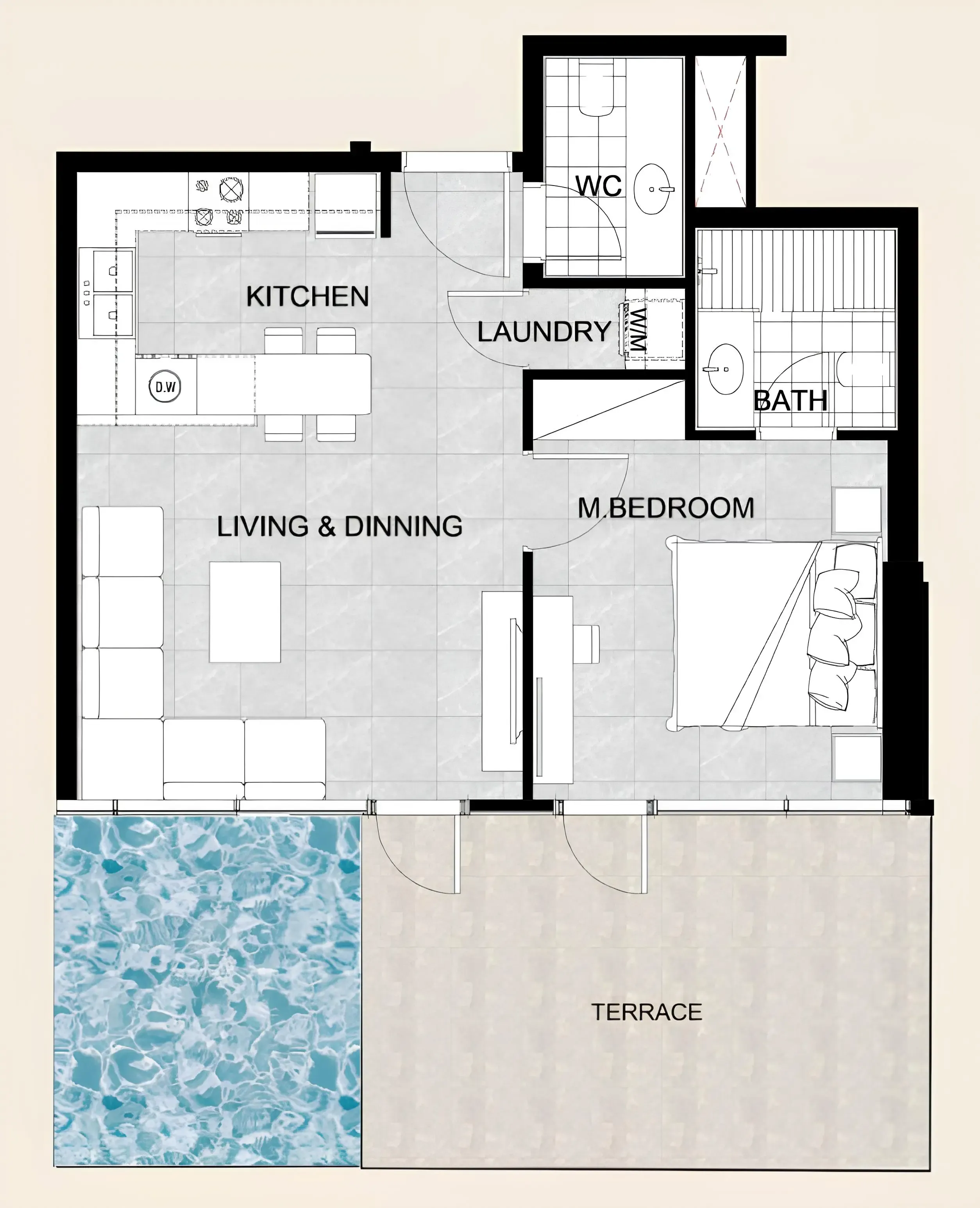 Future Residence 1 bed floor plan, 902 sqft
