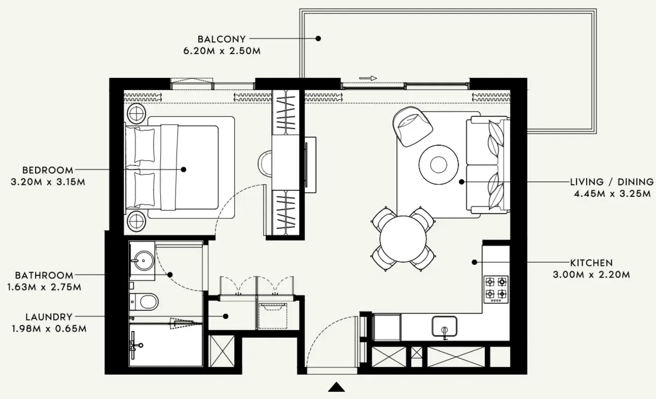 Beach Oasis 1 and 2 1 bed floor plan, 663 sqft