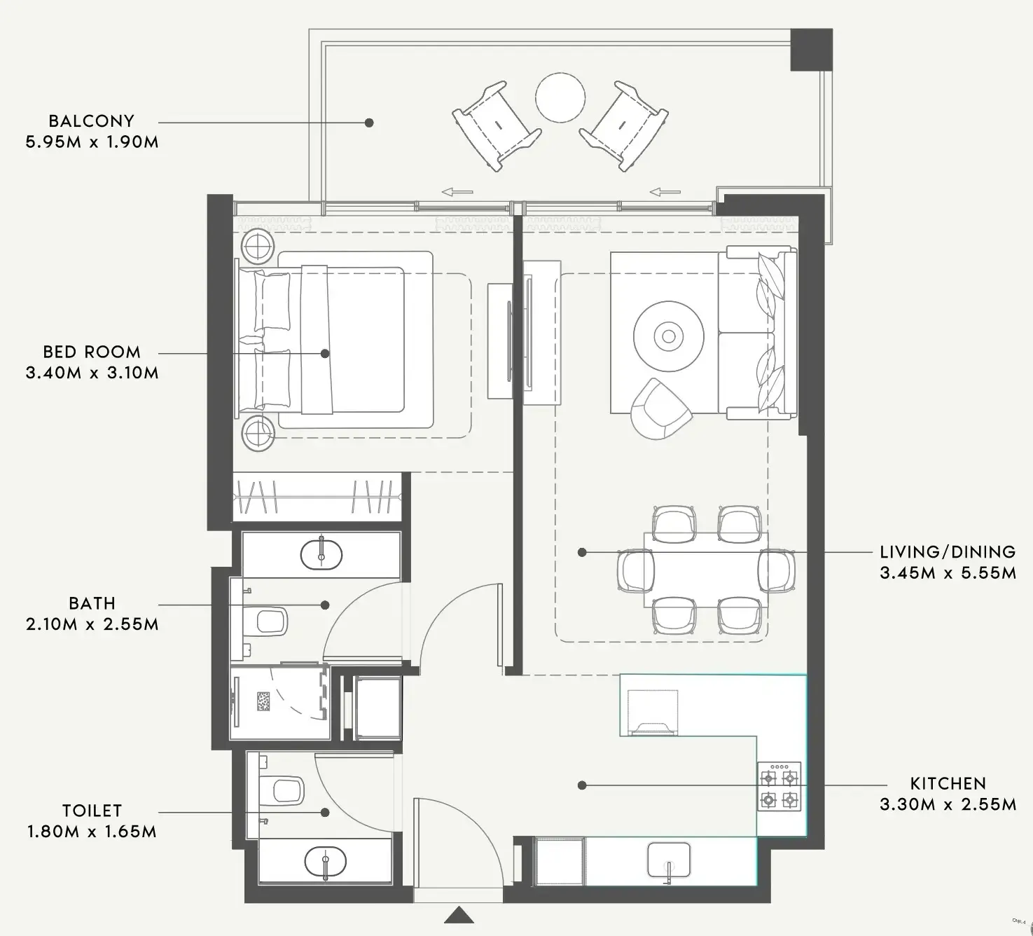 Riviera 58 1 bed floor plan, 760 sqft