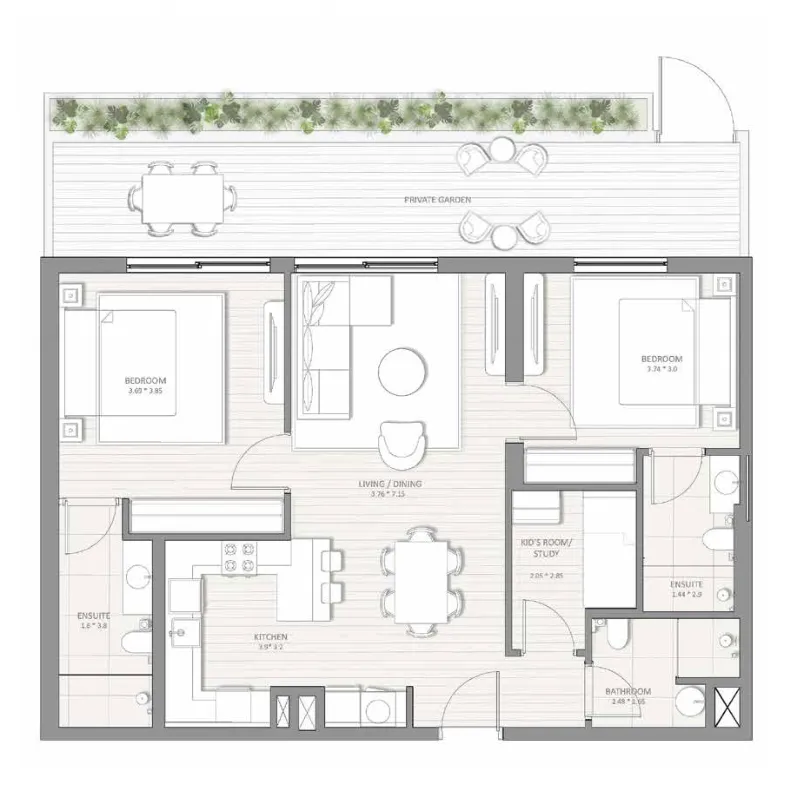 SOL Terra Gardens 2 bed floor plan, 1,280 sqft