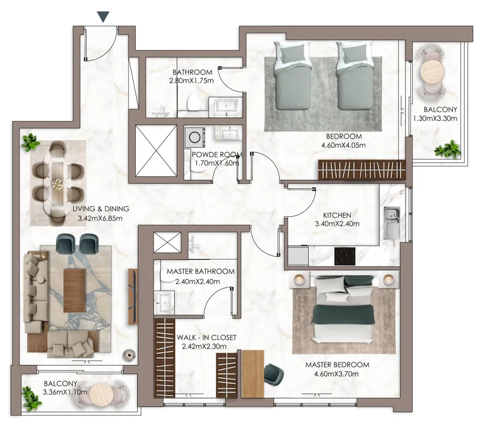 Ajman Pearl Tower 2 bed floor plan, 1,781 sqft
