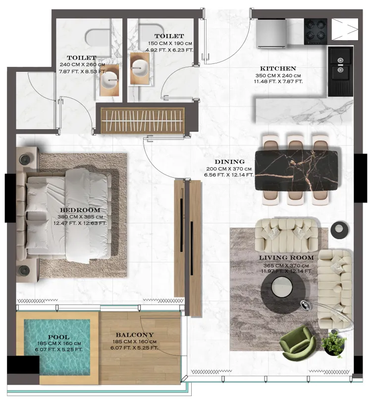Lazord by Lapis Phases 1 and 2 1 bed floor plan, 672 sqft