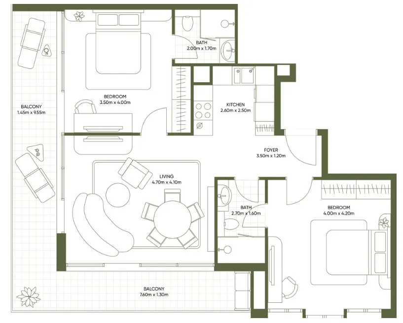 Olivia Gardens 2 bed floor plan, 1,033 sqft
