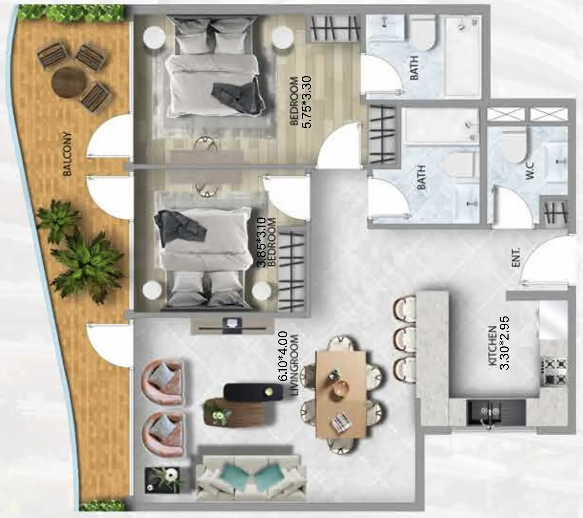 311 Boulevard 2 bed floor plan, 1,156 sqft