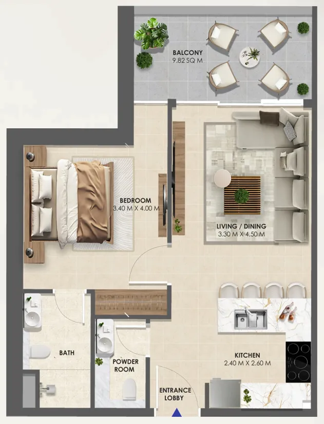 Vivida Residences 1 bed floor plan, 634 sqft