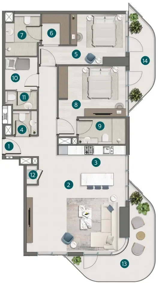 Flora Shore Beachside Residences 2 bed floor plan, 1,428 – 1,539 sqft