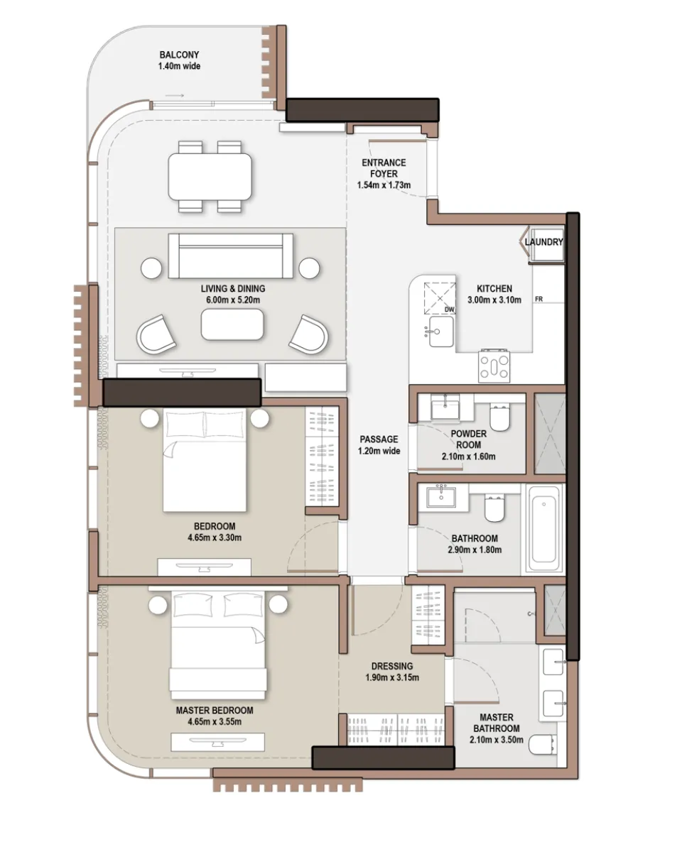 The Edit at d3 2 bed floor plan, 1,266 sqft