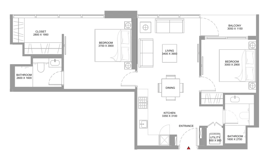 Coastline Beach Residences 2 bed floor plan, 839 – 840 sqft