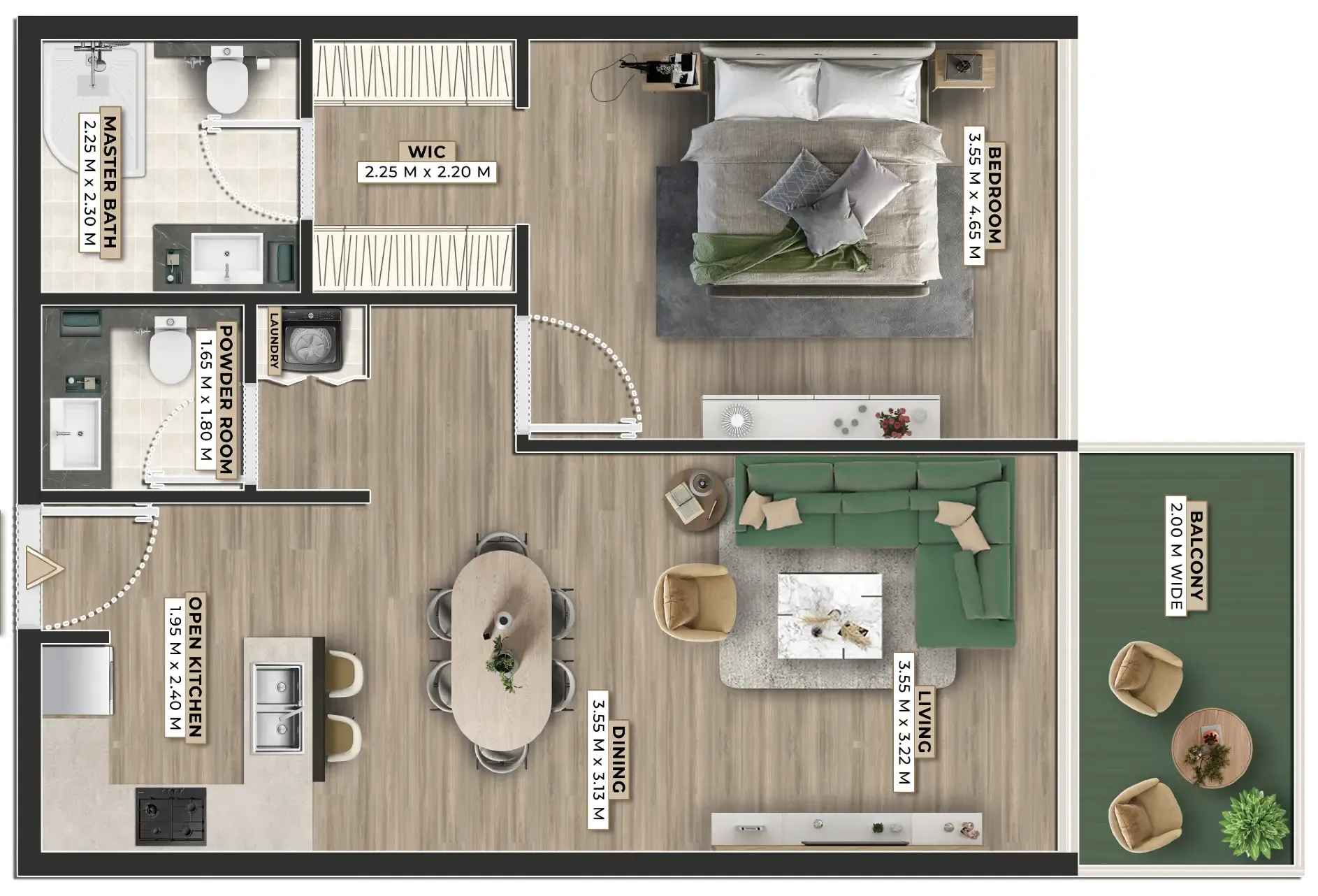 Firoza 1 bed floor plan, 822 sqft