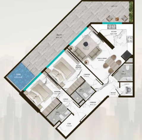 Samana Parkville 2 bed floor plan, 1,463 – 1,464 sqft