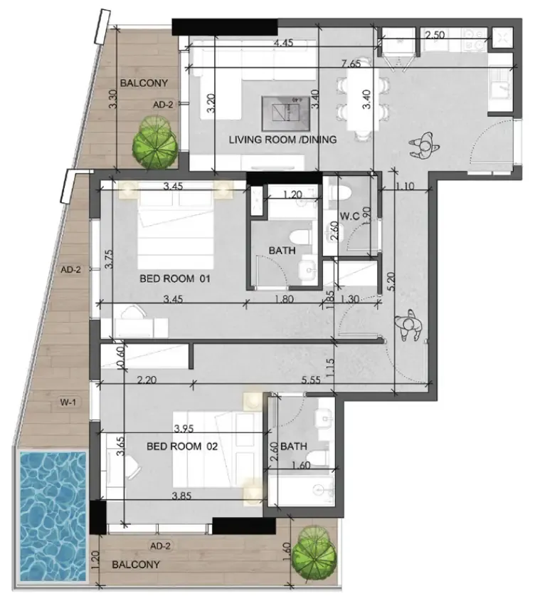 Saray Prime Residence 2 bed floor plan, 1,285 sqft