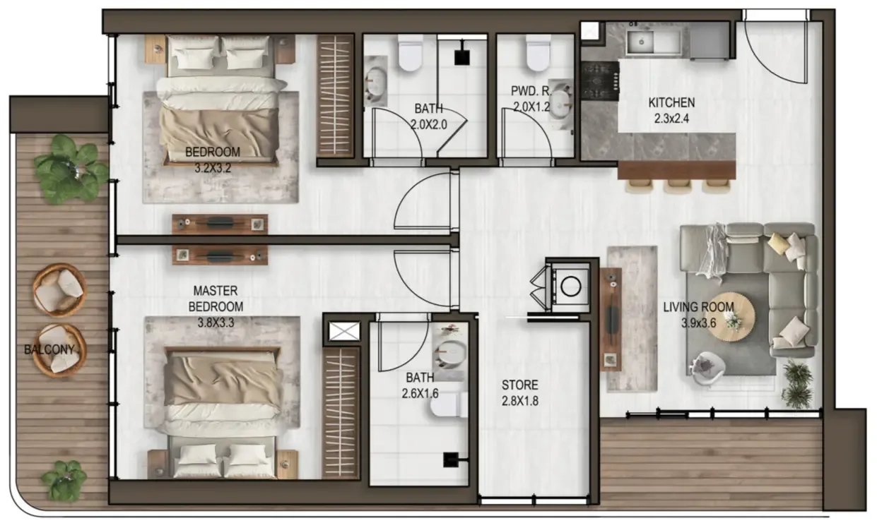 Noore 2 bed floor plan, 1,089 sqft