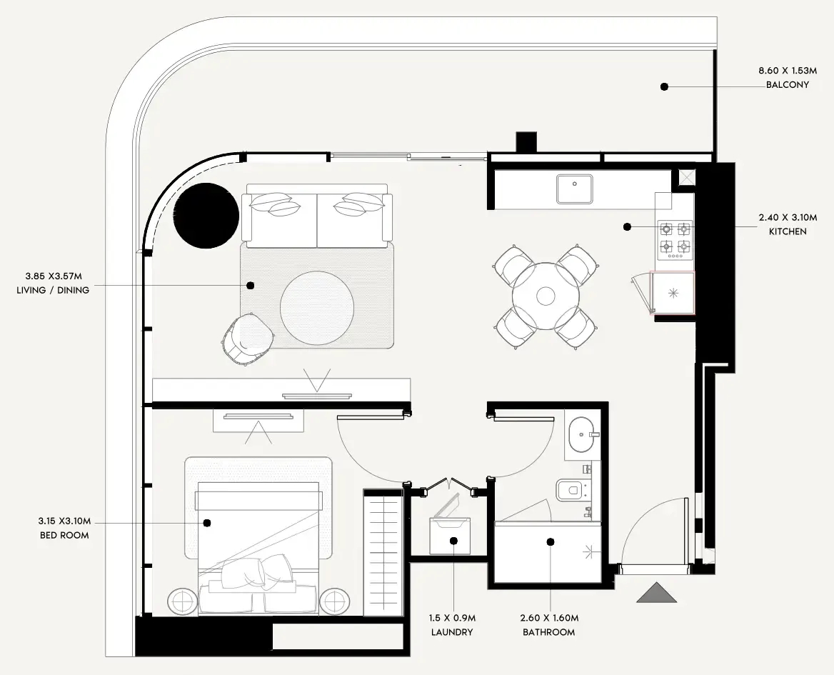 Azizi Milan 1 bed floor plan, 744 sqft