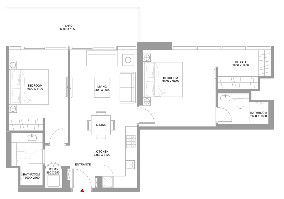 Starline Beach Residences 2 bed floor plan, 987 – 991 sqft