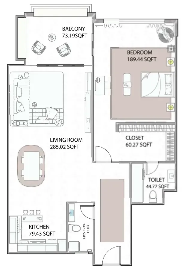 Ajman Creek Towers 1 bed floor plan, 1,236 sqft
