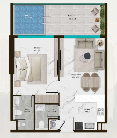 Samana Parkville 1 bed floor plan, 764 sqft