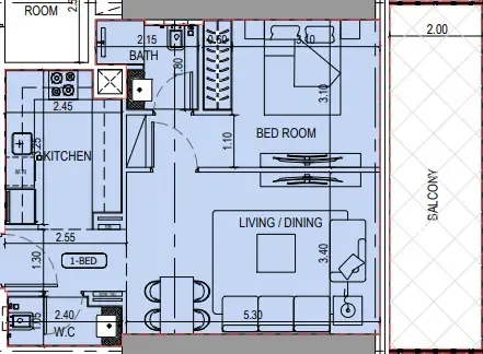 Binghatti Sky Terraces 1 bed floor plan, 715 – 774 sqft