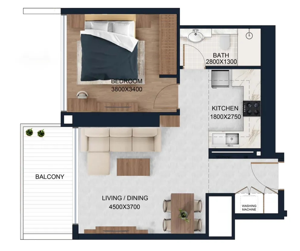 Alfal Residence 1 bed floor plan, 619 sqft