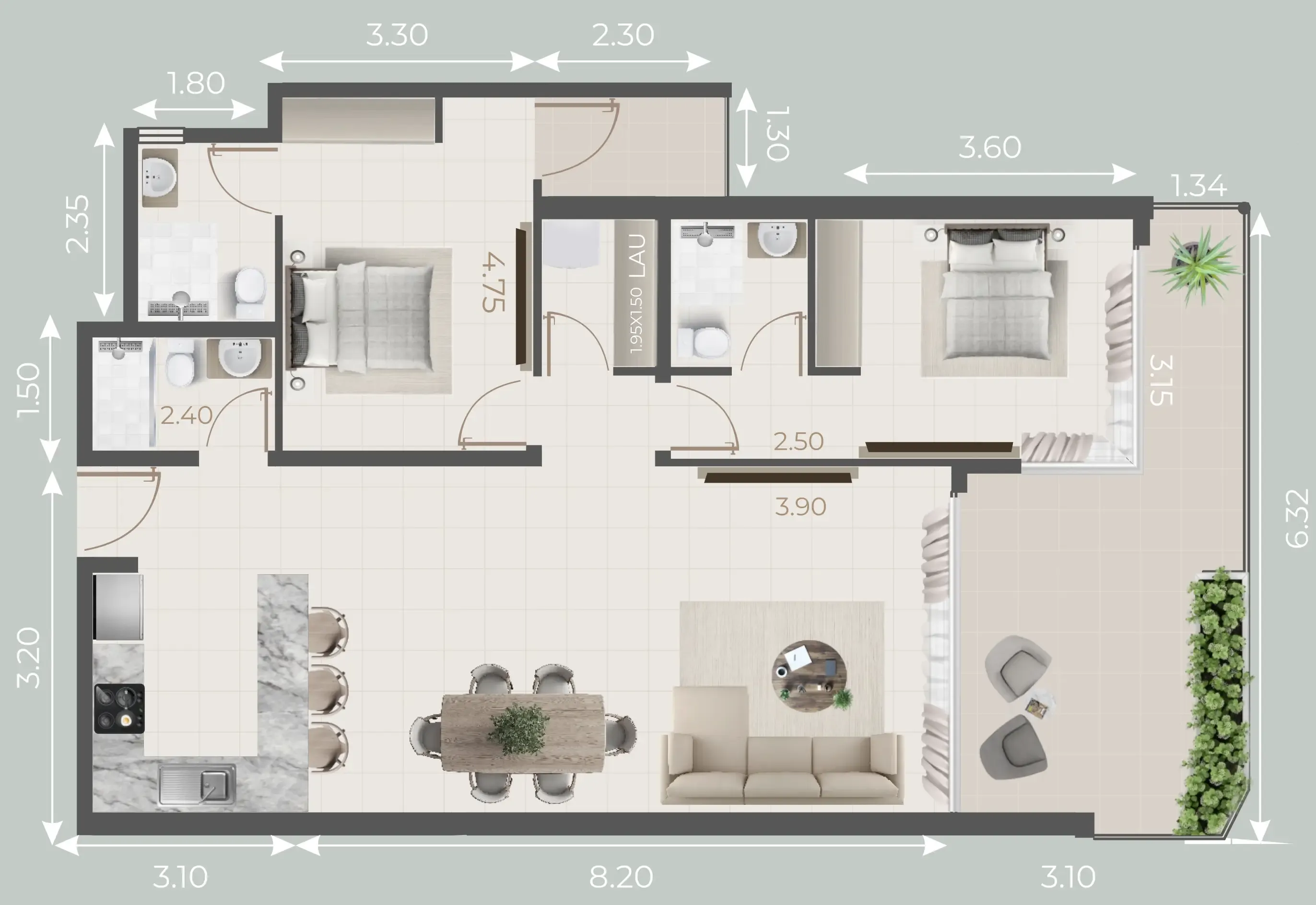Galleria Residences 2 bed floor plan, 1,245 sqft