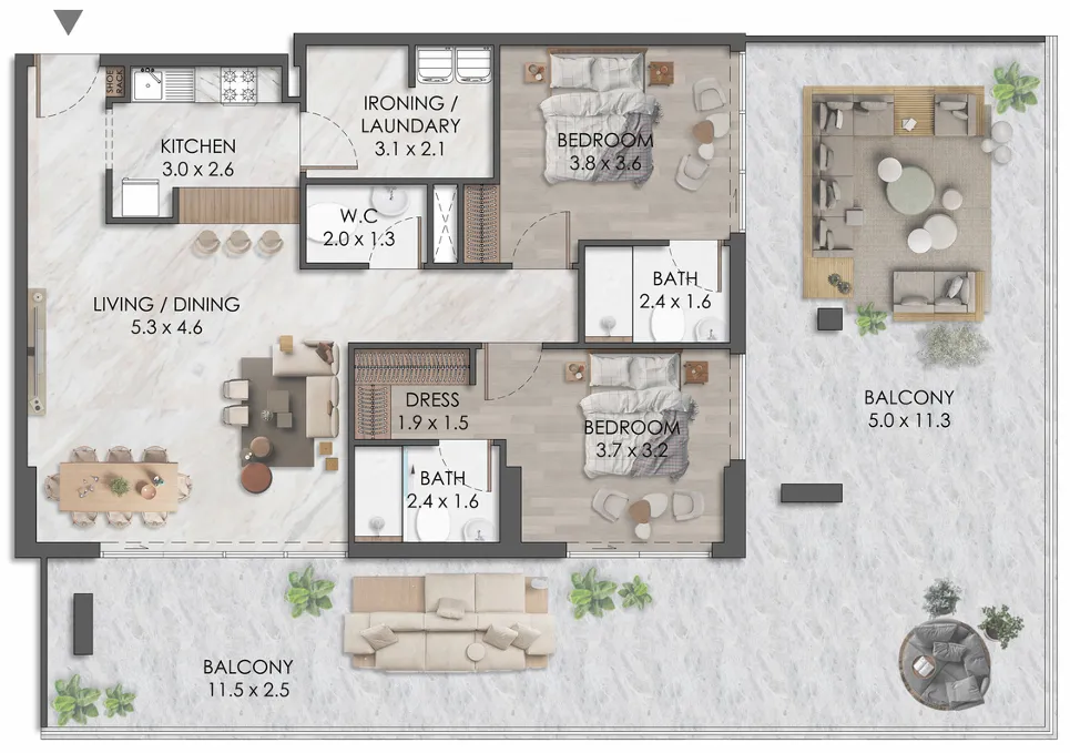 Almaara Residences 2 bed floor plan, 2,058 sqft