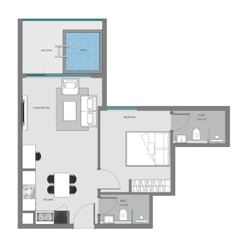 Samana Imperial Garden 1 bed floor plan, 597 – 598 sqft