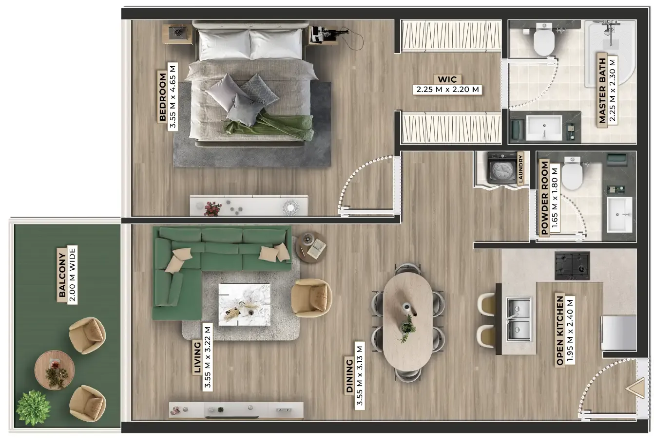 Firoza 1 bed floor plan, 822 sqft