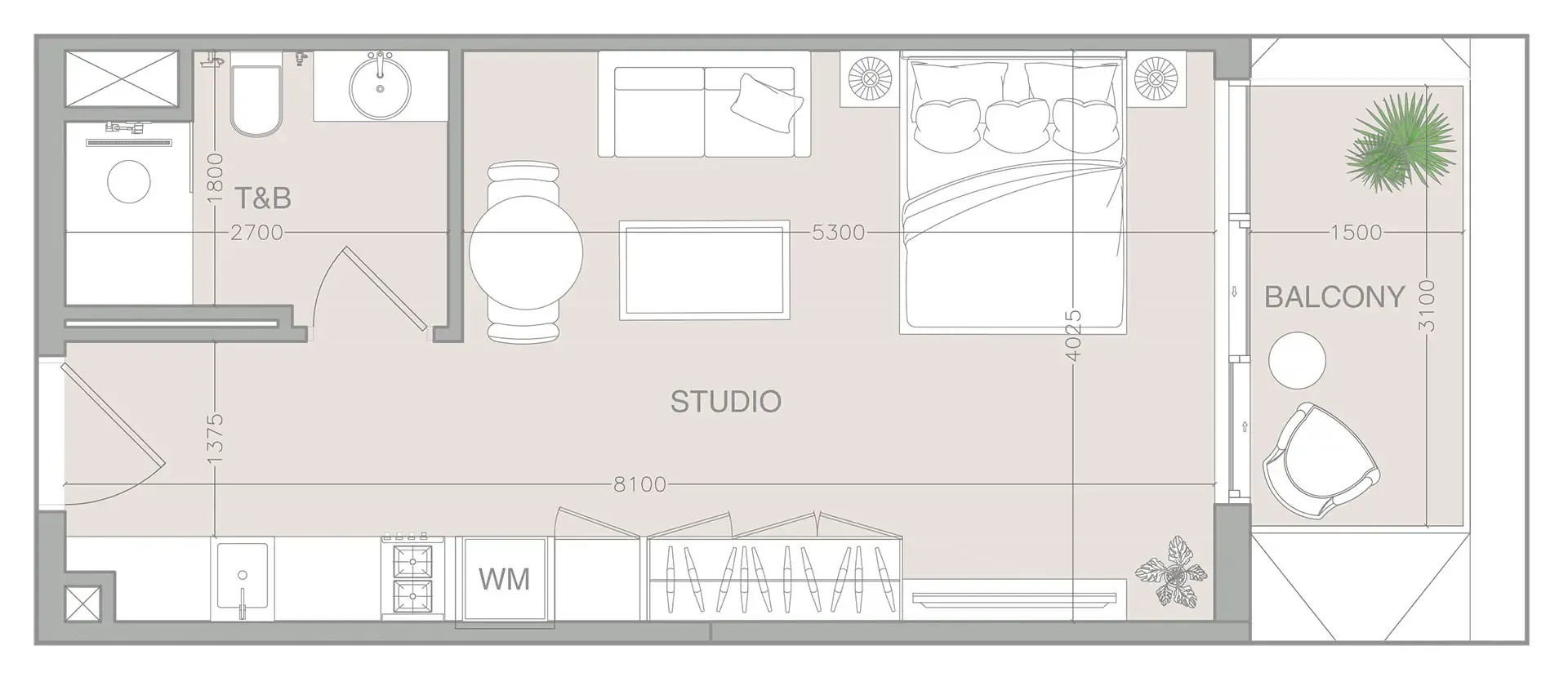 1WOOD Residence 2 Studio floor plan, 429 sqft