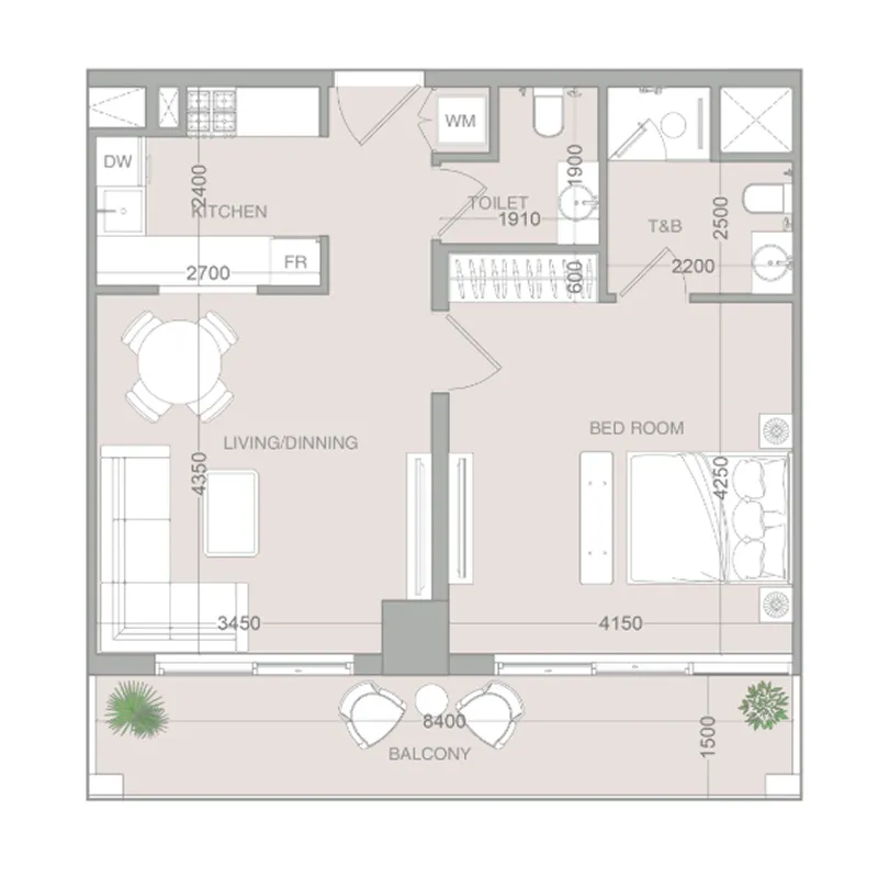 VERDAN1A 4 1 bed floor plan, 784 sqft