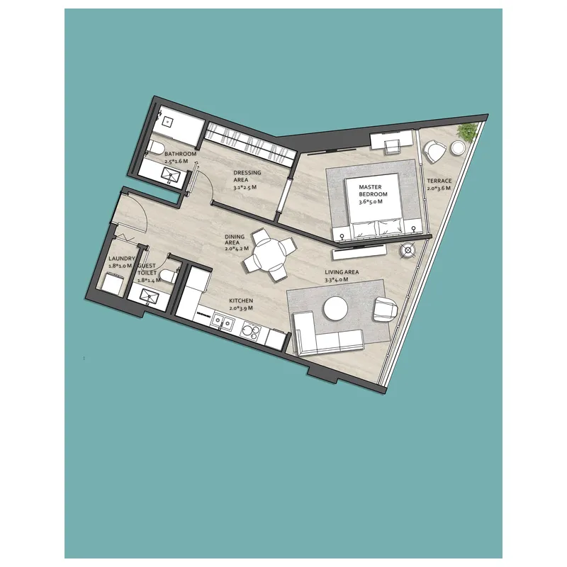 Vistal by Victoria Swarovski 1 bed floor plan, 827 sqft