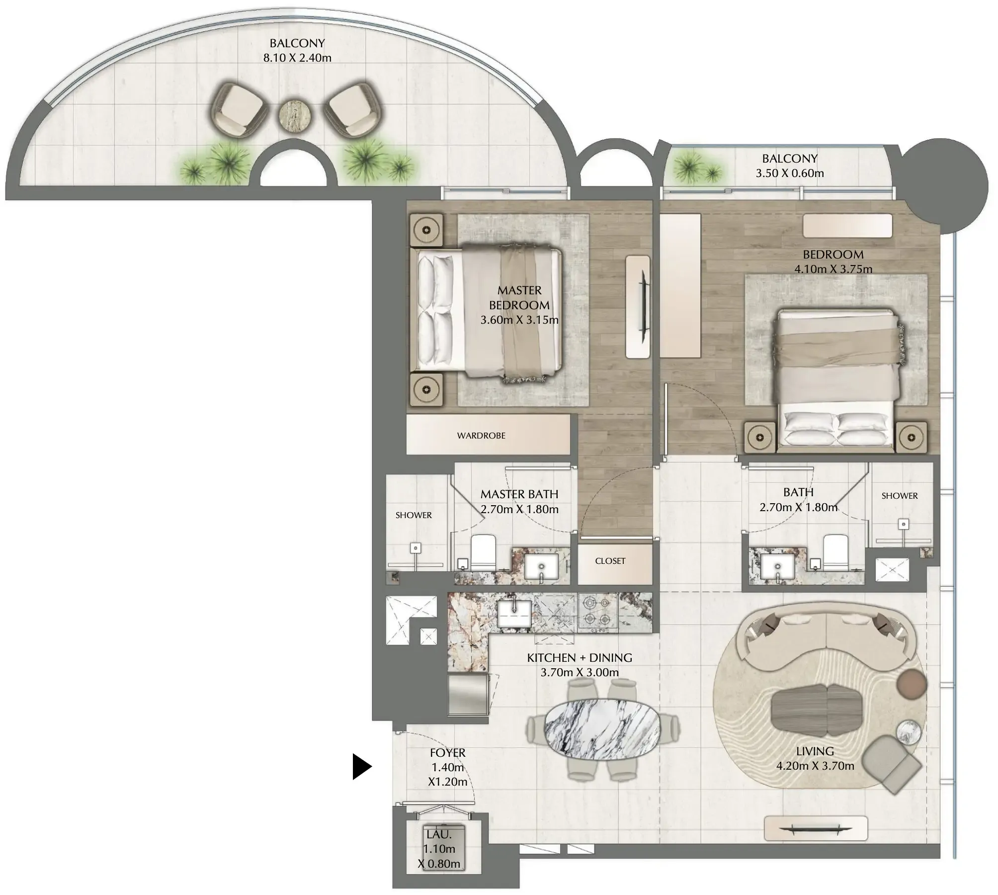One Residence 2 bed floor plan, 1,053 sqft