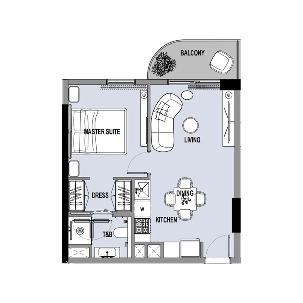 Verso 1 bed floor plan, 523 sqft