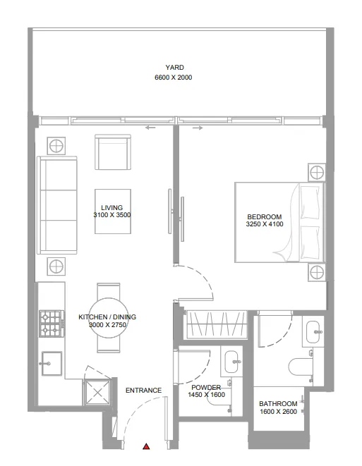 Pearlside Marina Residences 1 bed floor plan, 660 – 661 sqft