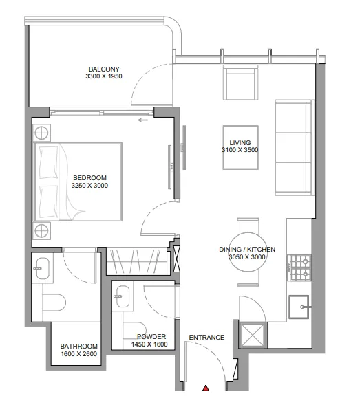 Sobha Aquamont 1 bed floor plan, 556 – 560 sqft