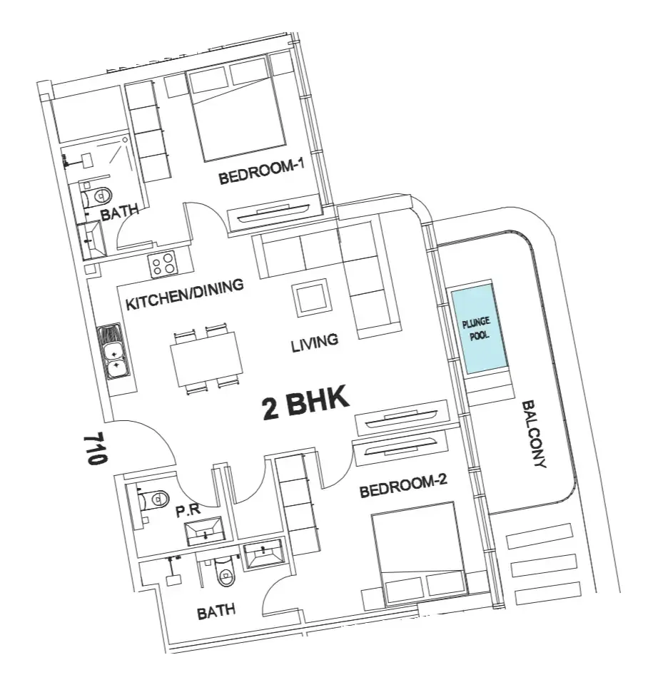 Villa Del Garda 2 bed floor plan, 1,022 sqft