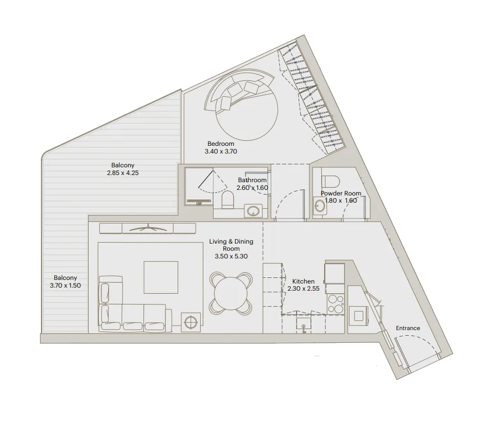 Eleve 1 bed floor plan, 885 – 886 sqft