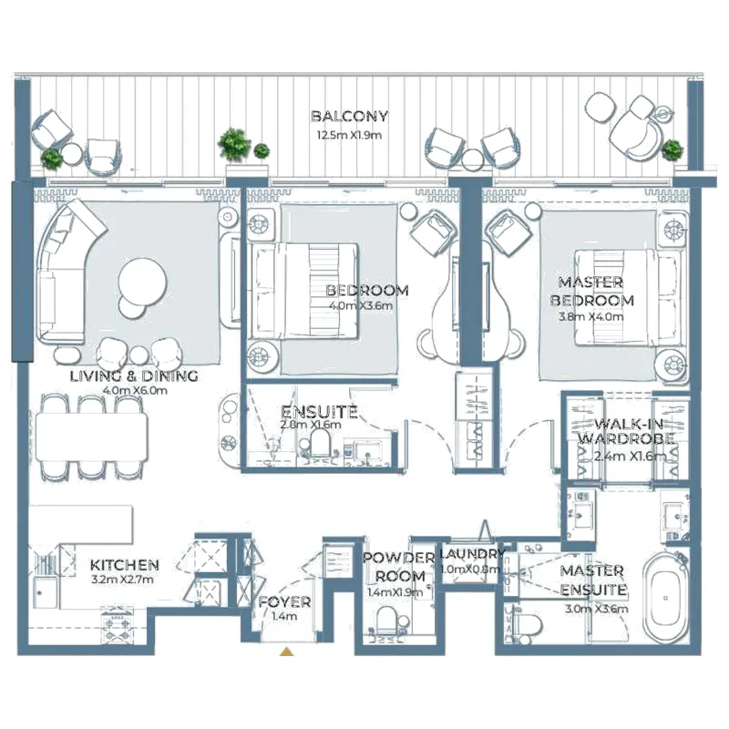 Fairmont Residences Al Marjan Island 2 bed floor plan, 1,419 – 1,426 sqft