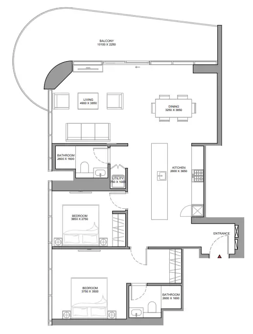 Sobha Aquamont 2 bed floor plan, 1,382 sqft