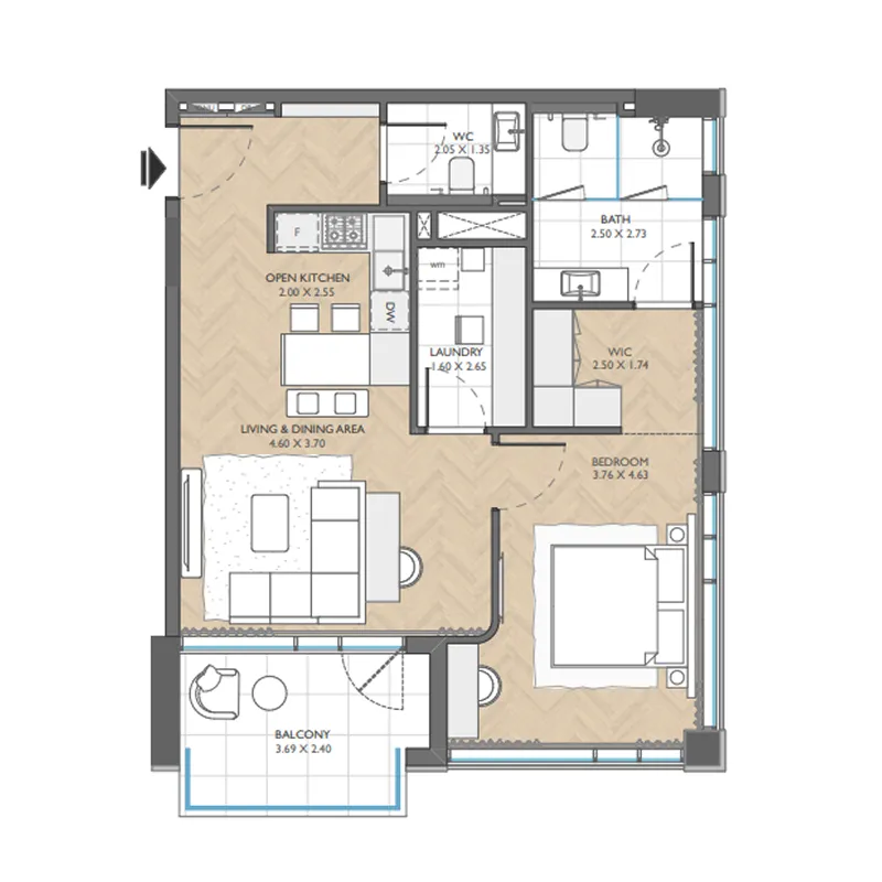 The Collective 1 bed floor plan, 853 sqft