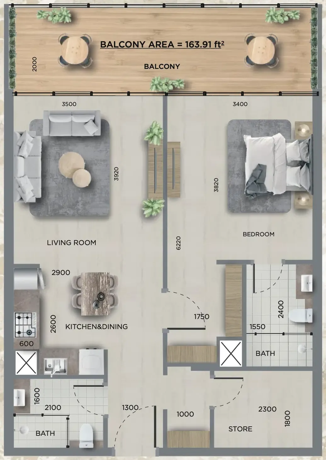 368 Park Ln. 1 bed floor plan, 798 sqft