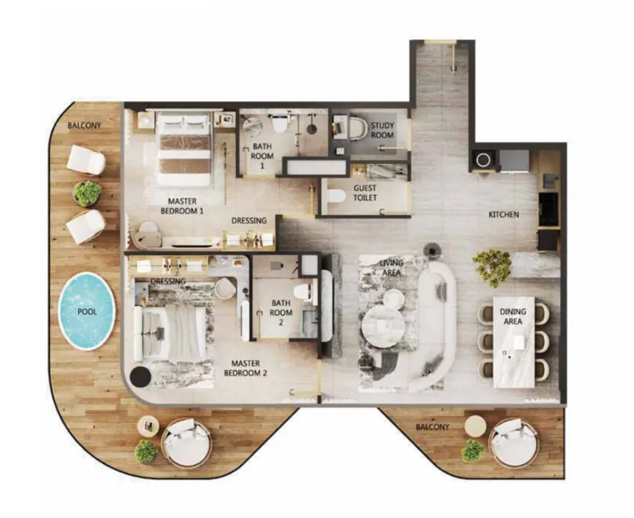 Arya Residences 2 bed floor plan, 1,452 sqft