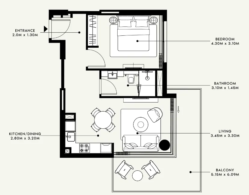Azizi Venice 1 bed floor plan, 720 sqft