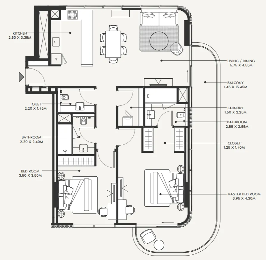 Azizi Amir 2 bed floor plan, 1,411 sqft