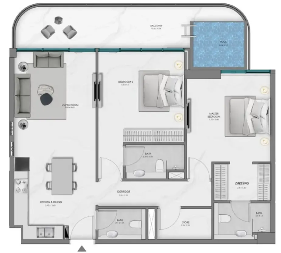 Samana Ocean Bay 2 bed floor plan, 1,234 sqft