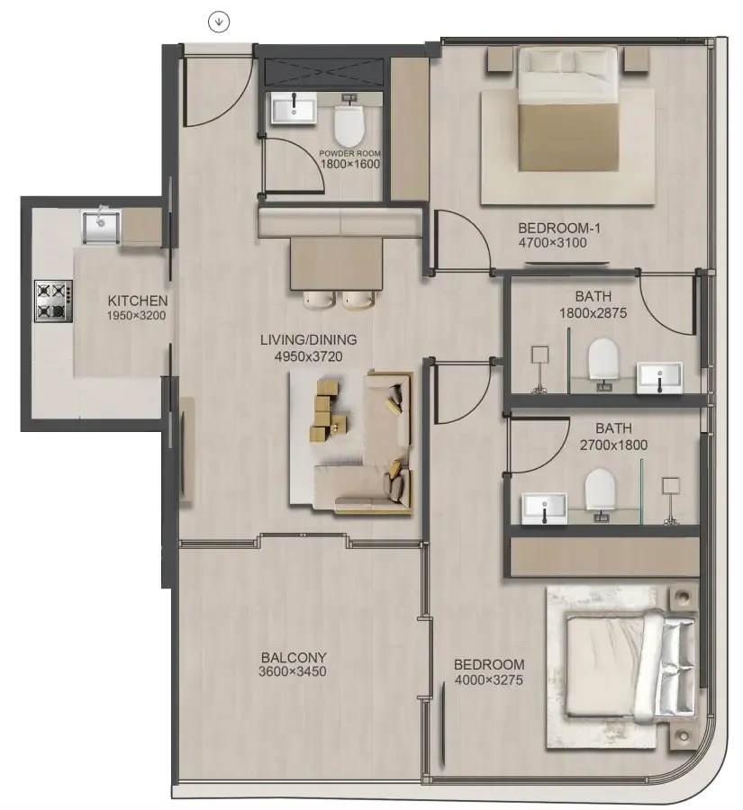 J188 2 bed floor plan, 1,064 sqft