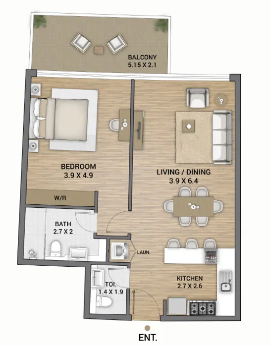 Ocean Tower 1 bed floor plan, 871 sqft