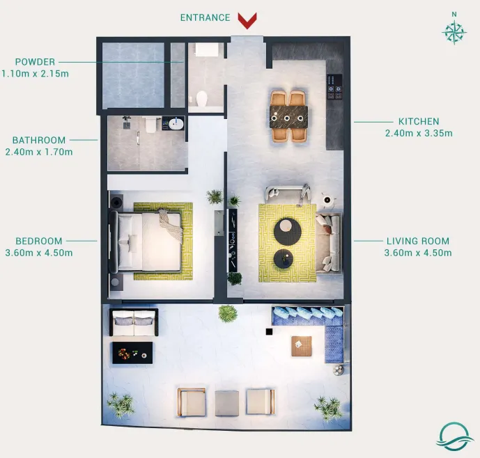 Milos 1 bed floor plan, 874 sqft