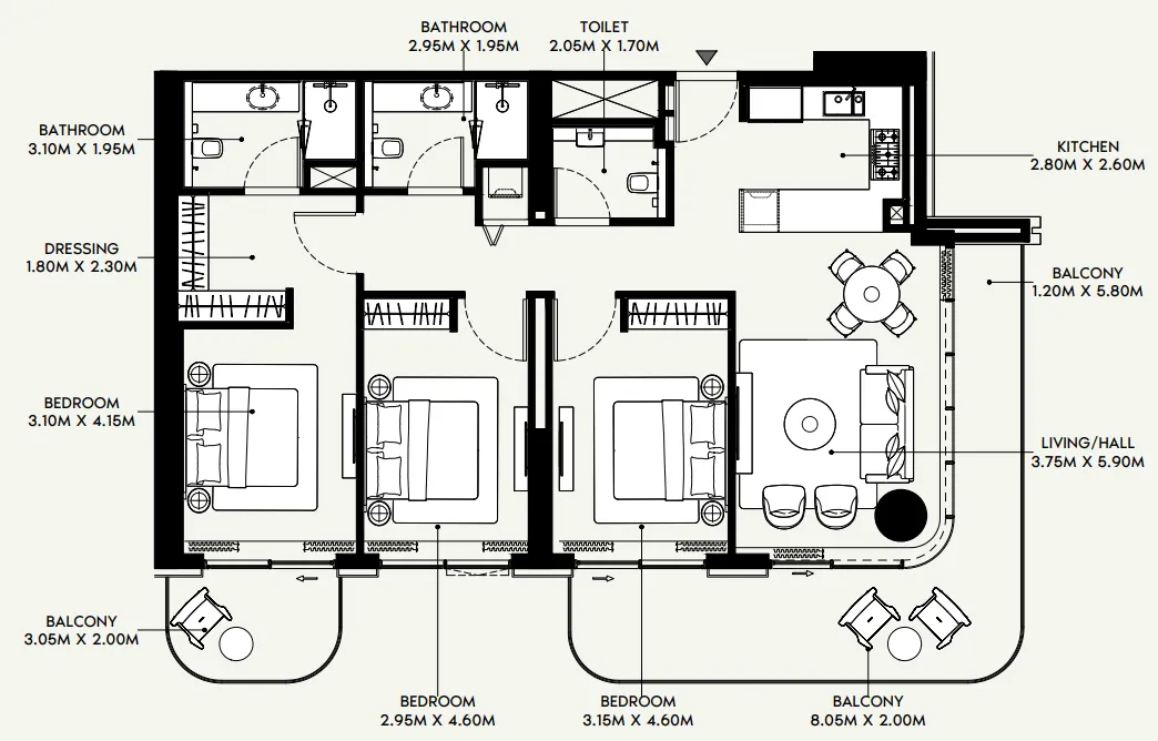Azizi Venice 3 bed floor plan, 1,605 sqft
