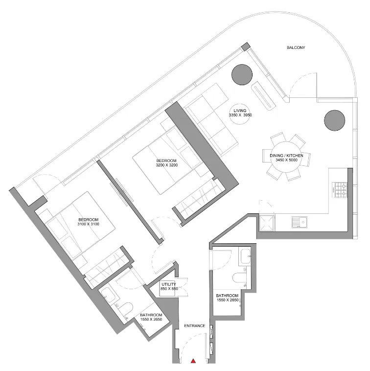 Sobha Solis 2 bed floor plan, 1,125 sqft