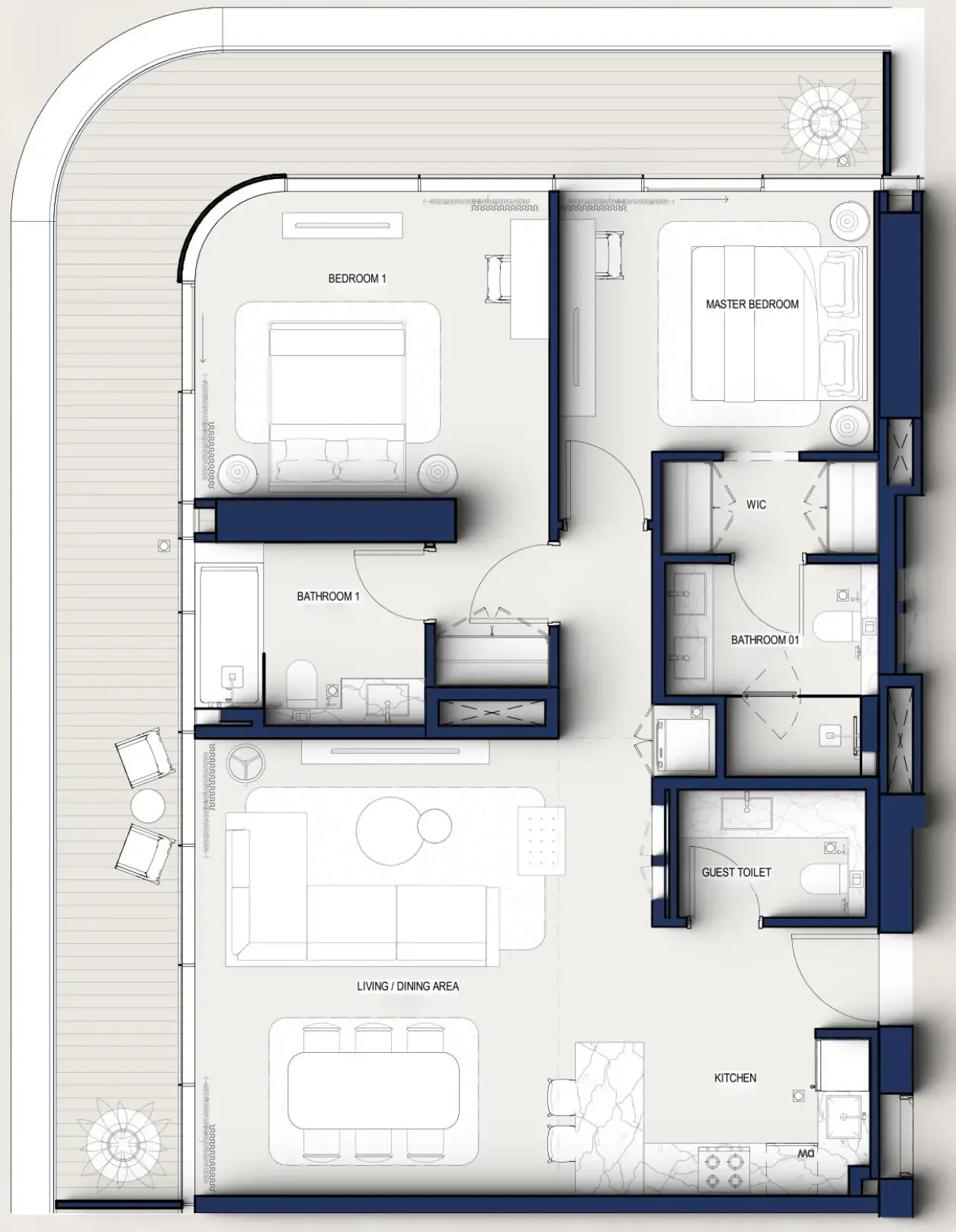 Hilton Residences 2 bed floor plan, 1,402 sqft